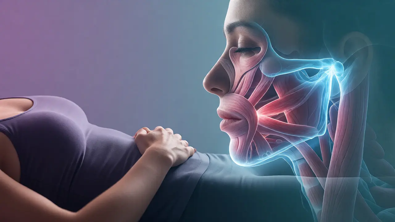 Ilustrace spojující hluboké dýchání s uvolňováním napětí ve svalech čelisti a TMJ kloubu.