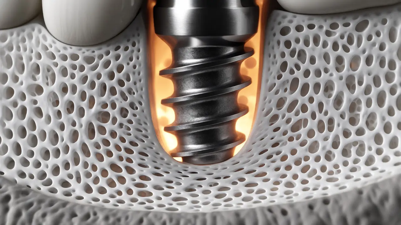 Makro snímek srůstání titanového implantátu s kostní tkání čelisti