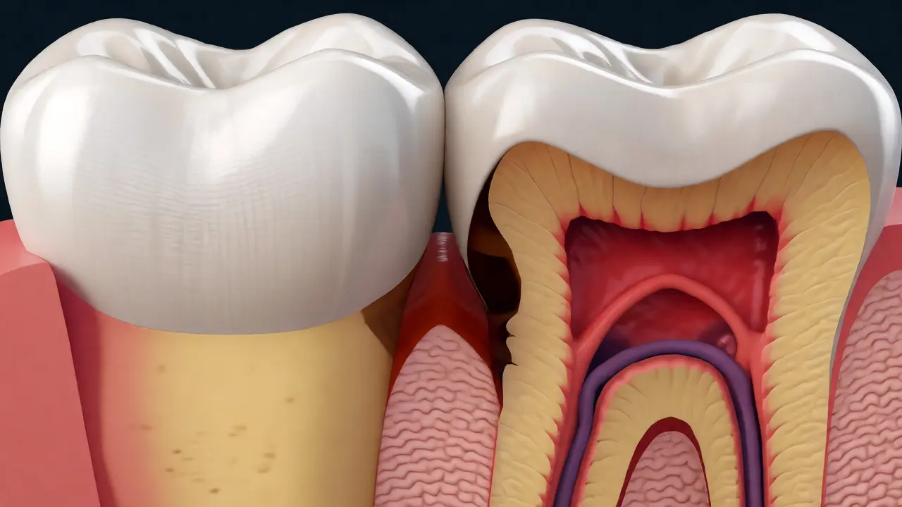 Řez zubem s mezizubním kazem pronikajícím do dentinu