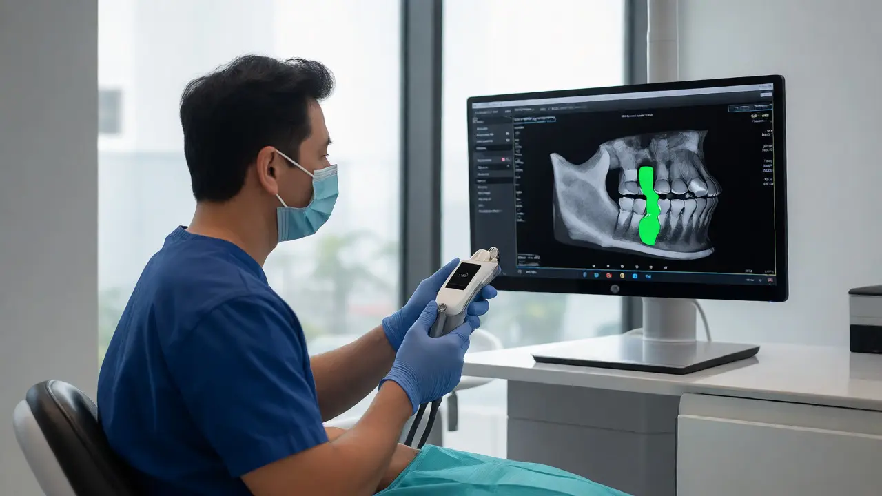Stomatolog používá digitální skener a 3D snímky v ordinaci
