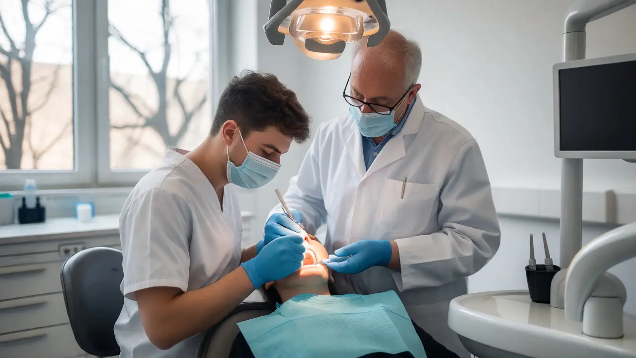 Student stomatologie ošetřuje pacienta pod dohledem profesora na univerzitní klinice