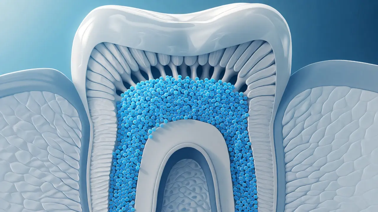 Vědecká ilustrace zubu s hydroxyapatitem uzavírajícím dentinové kanálky.