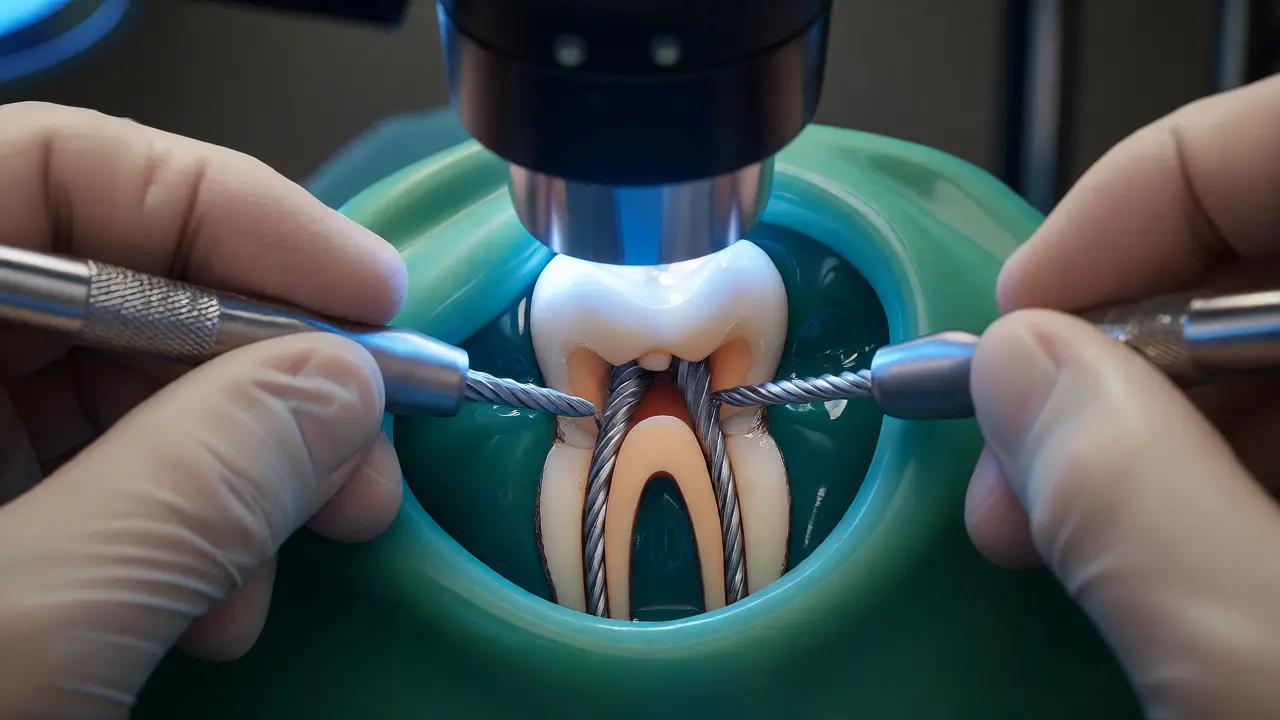 Zubař čistí kanálky pod mikroskopem při endodontickém ošetření